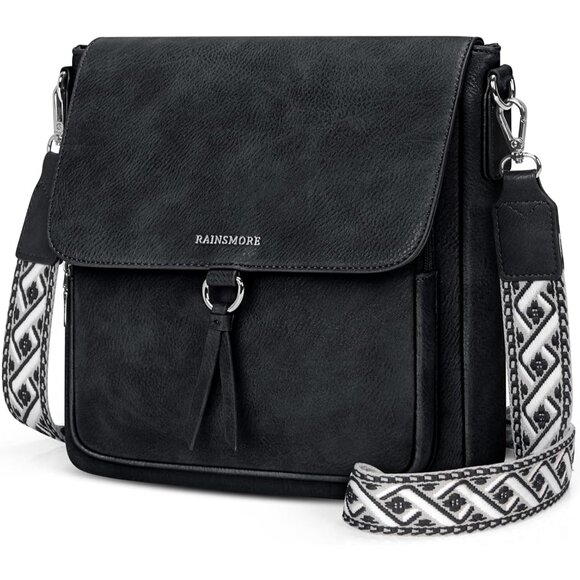 🆕 Women Black PU Leather Crossbody Purses Adjustable Wide Strap Shouler Bag - Picture 1 of 8
